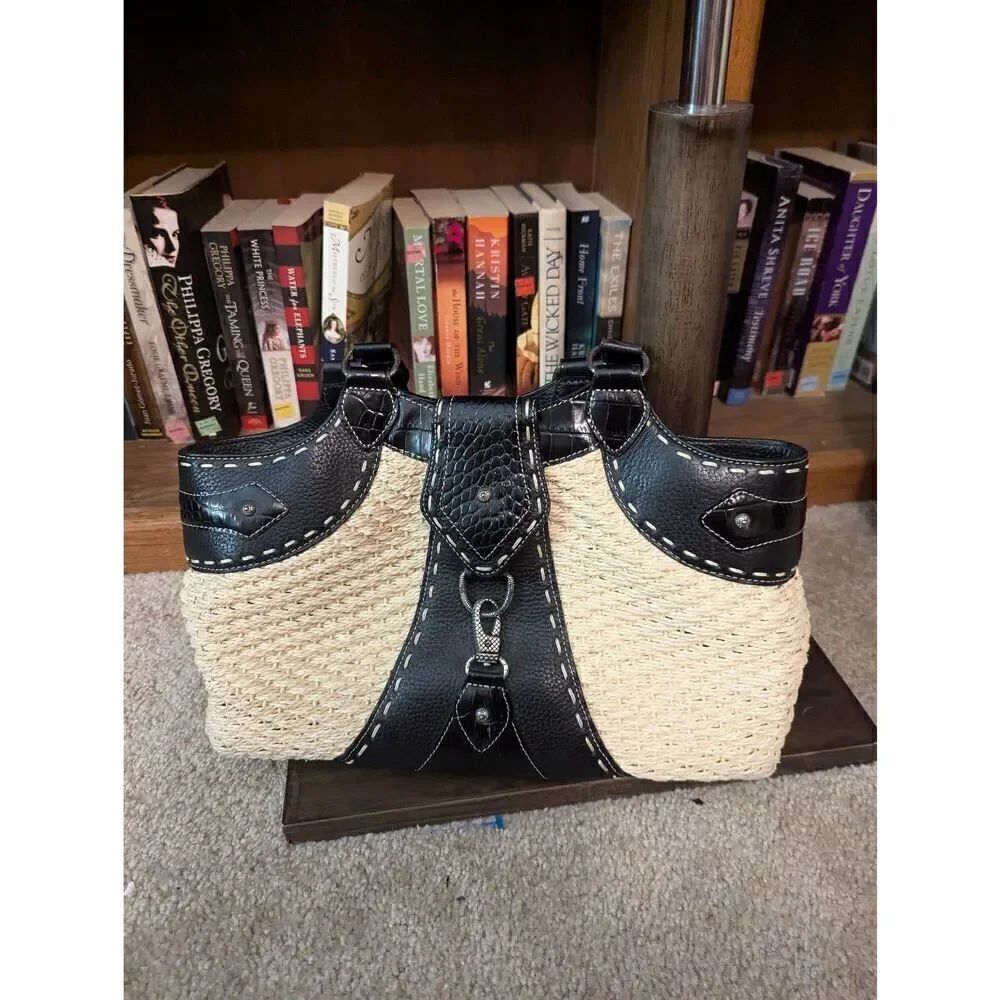 Brighton Handbag Shoulder Bag Woven Straw Patent Croc Leather Studded Satchel